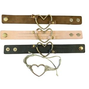 4 Silver Heart Bracelets 3 Snap Leather Blue Pink Brown 1 Pull String Gray